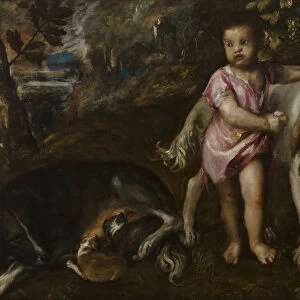 Boy with Dogs in a Landscape, 1565-1576. Artist: Titian (1488-1576)