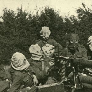 British Machine-gun Section wearing anti-gas masks, First World War, 1914-1918, (c1920)