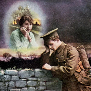 British soldier dreaming of his country sweetheart at home, World War I, 1914-1918