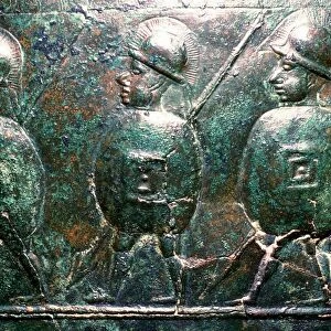 Detail of a bronze situala with Etruscan soldiers, 5th century BC