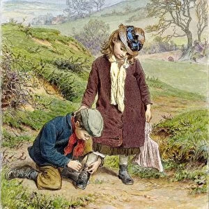Brother Tying his Sisters Shoe, pub. 1854. Creator: Robert Barnes (1840 - 1895)