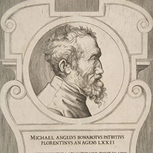 Bust portrait of Michelangelo facing right, set within a cartouche. 1546