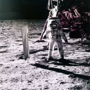 Buzz Aldrin deploys solar wind collector on the surface of the Moon, Apollo 11 mission, July 1969 Buzz Aldrin deploys solar wind collector on the surface of the Moon, Apollo 11 mission, July 1969