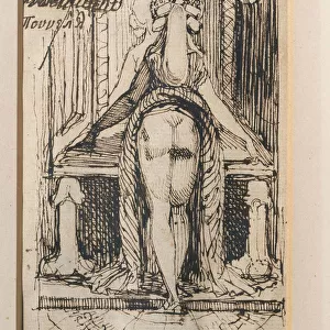 Callipyga. Lady with raised skirts, standing in front of a dressing table with phallic supports