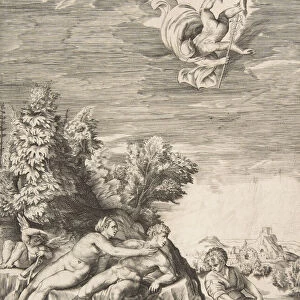 Calypso trying to detain Ulysses as a child prepares his armour at right and Mercury fa