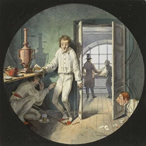 Carlo Rossi, Alexander Rezanov and Lakhtin hiding from Konstantin Thon, 1840s. Artist: Benois, Nikolai Leontyevich (1813-1898)