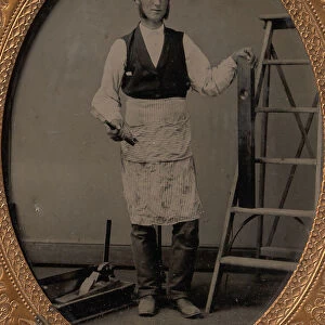 Carpenter with Ladder, Hammer, Level, and Toolbox, 1860s-70s. Creator: Unknown