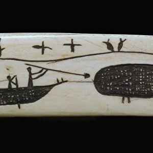 Carving of an Inuit whale-hunt on an ivory snow-knife, 19th century