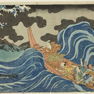 Casting a Mantra on the Waves at Kakuta on His Exile to Sado Island (Sashu rukei... c. 1830 / 35. Creator: Utagawa Kuniyoshi)