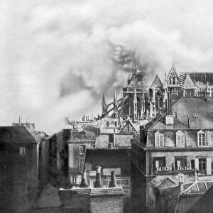Cathedral of Reims on fire from German shelling, France, 1914