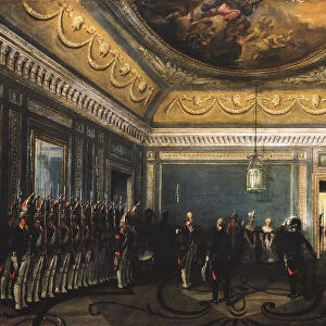 Changing of the Preobrazhensky Regiment Guards in the Gatchina Palace at the time of Paul I, 1845. Artist: Schwarz, Gustav (ca. 1800-after 1855)