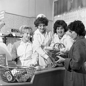 Checkout girls at a supermarket opening, Broughs Ltd, Thurnscoe, South Yorkshire, 1963