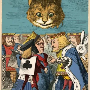 The Cheshire Cat looking down at the Red King and Queen having an argument, 1889. Artist: John Tenniel The Cheshire Cat looking down at the Red King and Queen having an argument, 1889. Artist: John Tenniel