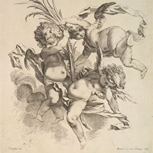 Three Children Among Clouds Near a Palm Leaf, 1738-45. Creator: Gabriel Huquier