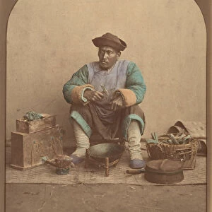 [Chinese Man Sitting with Tools], 1870s. Creator: Unknown