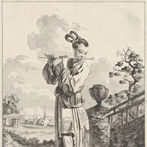 Chinoiserie with a woman playing a flute, from Suite de Figures Chinoises... Tire du C... 1755-76. Creator: Jean-Pierre Houel