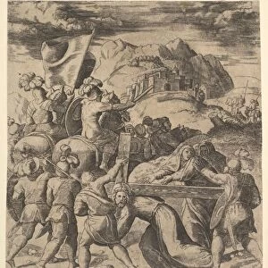 Christ carrying the cross surrounded by soldiers, several on horseback, 1530-60