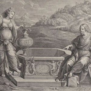 Christ, seated at right, and the woman of Samaria, who stands at left, ca. 1729