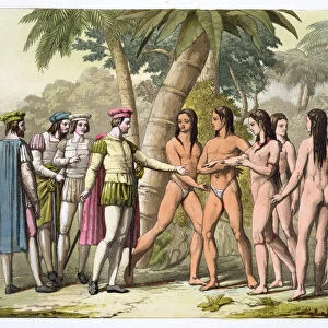 Christopher Coumbus with Hernando Cortes receiving a native American girl as a gift, (c1820-1839)