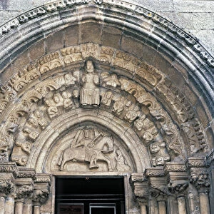 Church of Santiago, detail of the front door with sculpture of Santiago on horseback