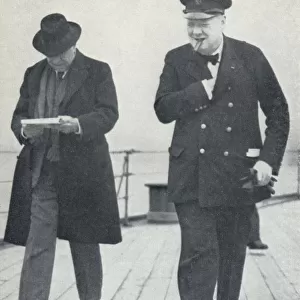 Churchill, jubilant, aboard H. M. S. Prince of Wales with Lord Beaverbrook, about to say farewell t