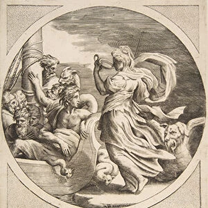 Circe drinking from a cup with the companions of Ulysses in a boat at left, a circular