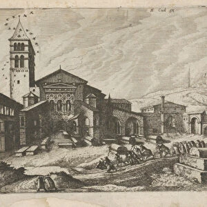 City with a Column and a Church, from the series Roman Ruins and Buildings, 1562. Creators: Johannes van Doetecum I, Lucas van Doetecum