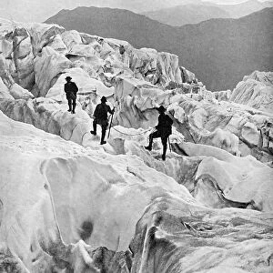 Climbing through the Bossons icefall on the way up Mont Blanc, Switzerland, early 20th century