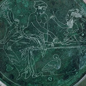 Close-up of a Greek bronze mirror-back