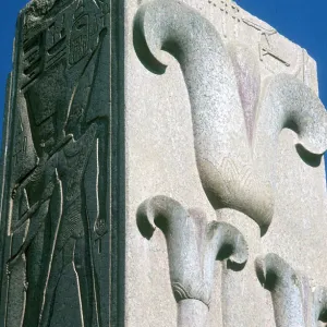 Closeup of stylised lotus plants on a column, Temple of Amun, Karnak, Egypt