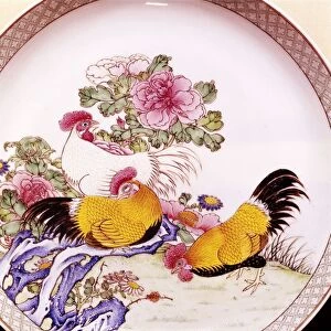 Cockerels, Famille Rose Enamel Porcelain Plate, Ch Ieh Lung, 1736-1795