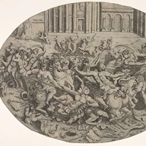 Combat between Amazons and men in front of architectural arcades