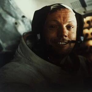 Commander Neil Armstrong in the Lunar Module on the Moon, Apollo 11 mission, July 1969