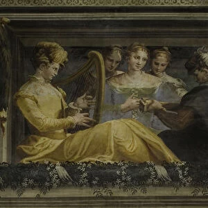 Concert with singer accompanied by harp lute and flute, 1550-1552
