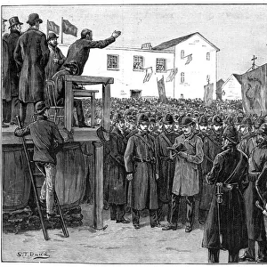 Constabulary guarding a government reporter at a plan of campaign meeting, Ireland, 1887