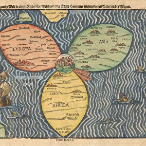The three continents with Jerusalem in the center of the World, 1581. Artist: Bunting, Heinrich (1545-1606)
