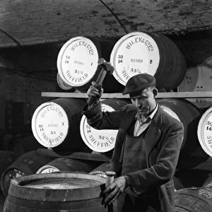 Coopering, making whiskey barrels at Wiley & Co, Sheffield, South Yorkshire, 1961