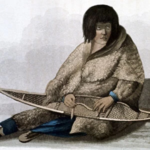 Copper Indian girl mending snow shoe, 1823. Artist: John Franklin