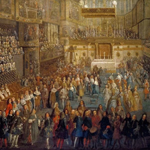 The coronation of Louis XV in the Rheims Cathedral, 25 October 1722. Artist: Martin, Pierre-Denis II (1663-1742)