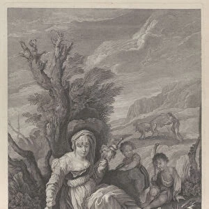 A country woman sitting in landscape with two boys at her side, 1729-40
