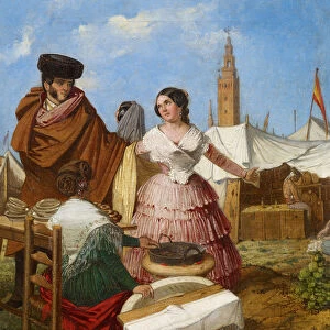 Courting at a Ring-Shaped Pastry Stall at the Seville Fair. Artist: Benjumea, Rafael (c. 1825-c. 1887)