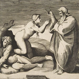 The creation of Eve who emerges from behind Adam, ca. 1530-70. Creator: Giulio Bonasone