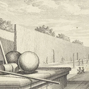 Croquet Attributes with croquet players in the background, 1714. Creator: Vinne, Vincent Laurensz