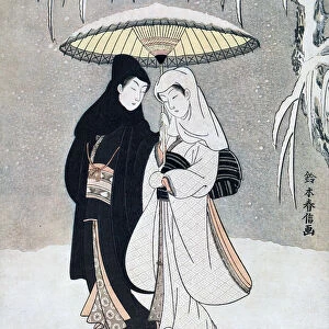 Crow and Heron, or Young Lovers Walking Together under an Umbrella in a Snowstorm, c1769. Artist: Suzuki Harunobu