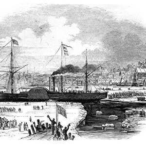 Cunard Lines first transatlantic liner Britannia leaving Boston, Massachusetts, USA, 1847. Artist: Smyth