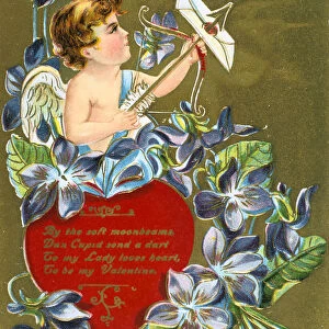 Cupid shooting an arrow carrying a love letter, American Valentine card, 1908