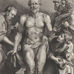 The Death of Seneca, standing at center with his feet in a basin of water, supporte