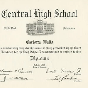 Diploma for Carlotta Walls from Little Rock Central High School, July 8, 1960