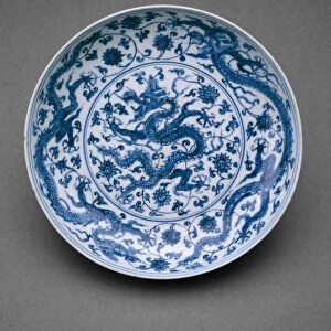 Dish with Dragons Writhing amid Floral Scrolls, Ming dynasty (1368-1644), Zhengde reign (1506-1521). Creator: Unknown