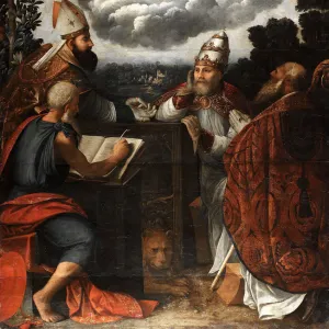 Dispute of four Church Fathers on the Immaculate Conception, 1541. Artist: Dossi, Dosso (ca. 1486-1542)